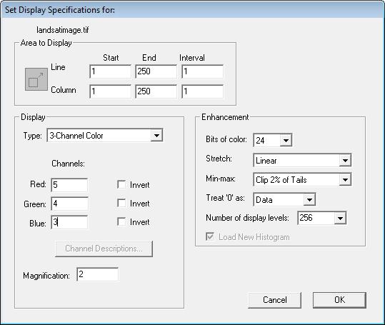 Figure 1: Set Display Specification dialog box for loading the tmi1.tif image. Your values for Line and Column in the Area to Display group may differ from the ones presented in the figure.