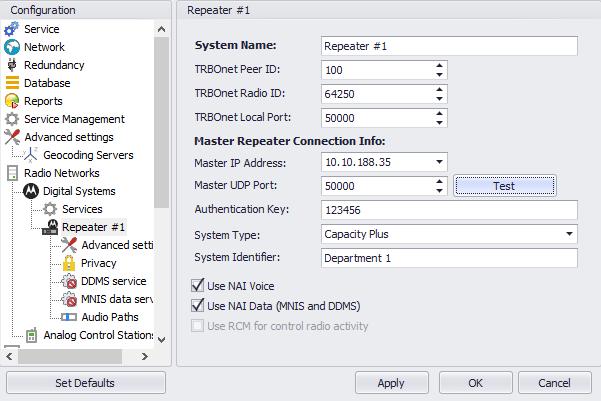 System Name Enter a name for the repeater. This name will be displayed in the Dispatch Console. TRBOnet Peer ID Enter a Peer ID for TRBOnet Server.