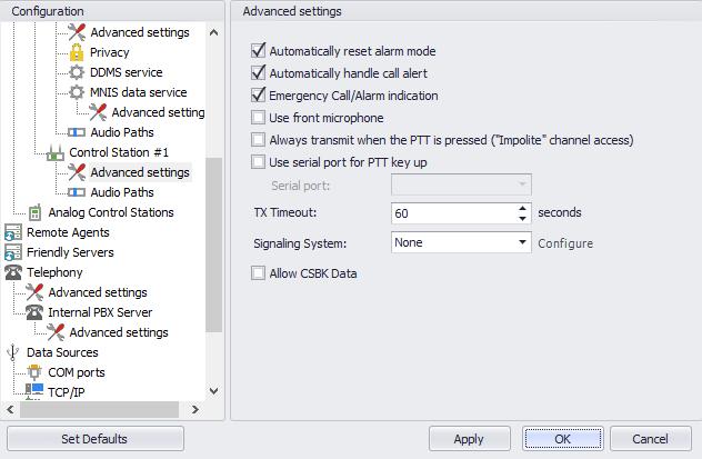 Configuring TRBOnet Enterprise 5.1.2.1 Advanced Settings In the Configuration pane, under the corresponding Control Station, select Advanced Settings.