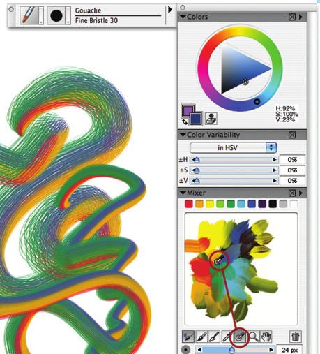 certain brushes. For instance: 1 Choose the Gouache Fine Bristle 30. Choose the Sample Multiple Colors Dropper Tool (the icon looks like a Dropper Tool with a circle at the bottom).