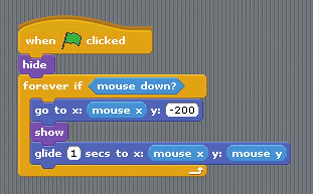 Click the green flag, place your mouse over the stage and press the space bar. Does the rocket fly towards the mouse from the bottom of the screen?