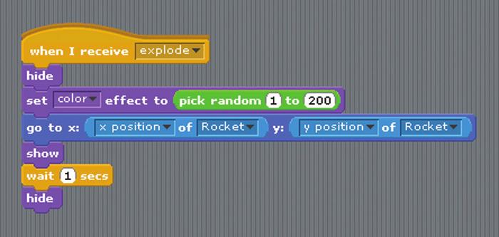 4. When it receives the explode message, it should hide itself and then move to the position of the rocket using the go to block, show itself, and then vanish again