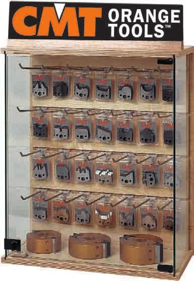 Made with a sturdy hardwood frame and three glass panels, it is the ideal counter-top display. Holds 42 of our most popular router bits and spare parts - 2 pcs. each for 84 pcs. total or 3 pcs.