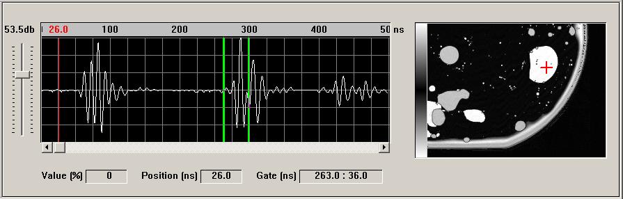 Figure 46 Typical A-Scan Waveform Display (Left) and C-Scan Showing the Bond Quality at Several Layers of a Wafer Bond Stack 6.4.5 Thickness Measurements with AM NOTE: White and light gray areas indicate delamination present at several layers 6.