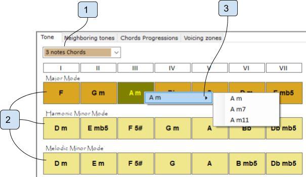 Chords sources Tone The Tone tab is composed of 3 different modes of the current tone (we are here in F): Figure 16: tone 1.