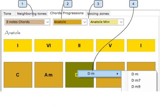 Chords progressions The Chords Progression tab shows differents typical chords sequences in the current tone. Figure 18