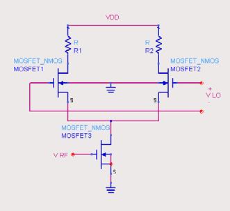 A 2.5V source was used to power up the circuit. The DC biasing was established using transistor chains acting as voltage dividers. A 2nH inductor and a 12.