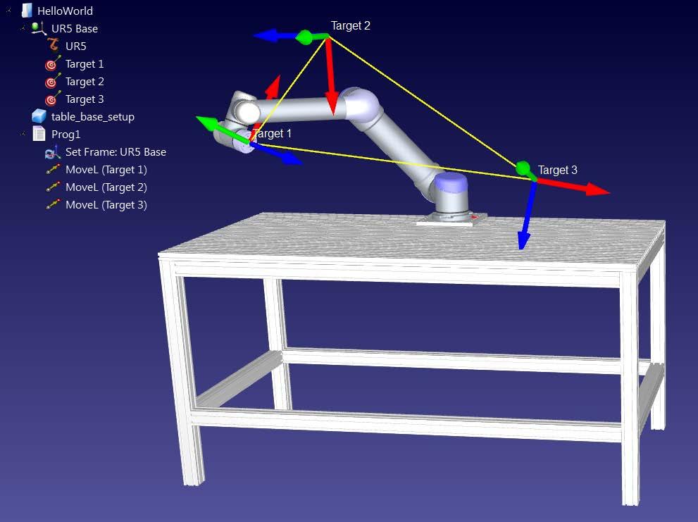 Figure 7: Sample of RoboDK program moving through the three poses in Cartesian space Task 3: Move the robot through a set of poses in both Cartesian and joint space using the URScript language.