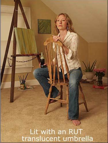 In the RUT result (figure 7), notice how the overall contrast is lower and that the shadows cast from the chair, easel, and even the paintbrushes in the background are noticeably softer than they are