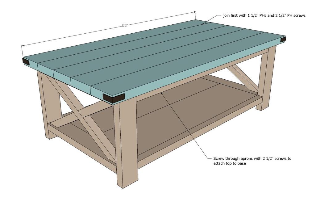 [26] Build your top with 1 1/2" PHs and 2 1/2" PH screws. Then attach to top of table through the side support apron pieces with 2 1/2" screws (you can use a few PH screws if you have them handy).