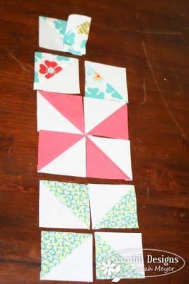 Create the pinwheels by placing the small triangle units all in the same manner. Each pinwheel should have the same background/print arrangement.