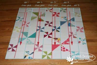 Arranging the Blocks Using the photo you took before you started sewing as a placement guide, arrange your small pinwheel blocks, the large pinwheel triangle units and the trimmed background blocks