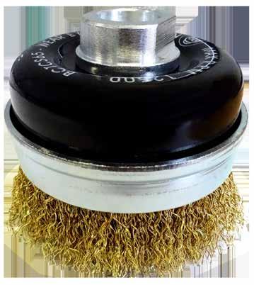 1.3 Cup Brushes Crimped Cup Brushes Josco Brumby Cup Brushes are available with threaded bore or spindle. The crimped wire design allows for less aggressive brushing and contaminant removal.