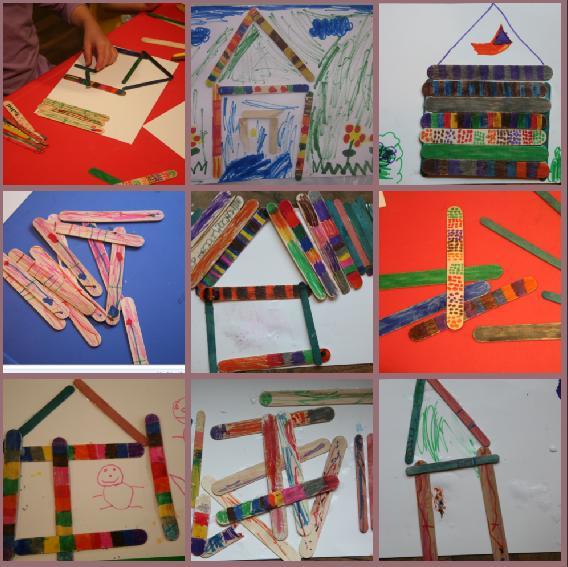 Craft Stick collages The children colored the craft sticks first and then collaged with them.
