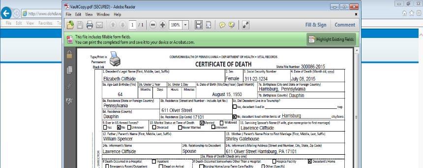 Printing the Vault Copy To print the legal size version of the Certificate of Death, click the Printer icon located in the top left-hand corner of the form.