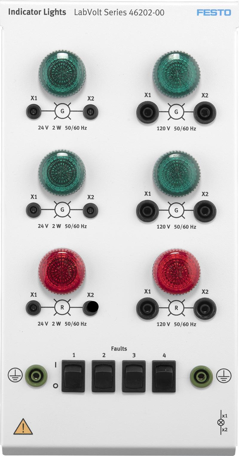 Indicator Lights 46202-00 The Indicator Lights module is fitted with three low-voltage (24 V) green and red incandescent lights and three high-voltage (ac power network voltage) green and red LEDs.