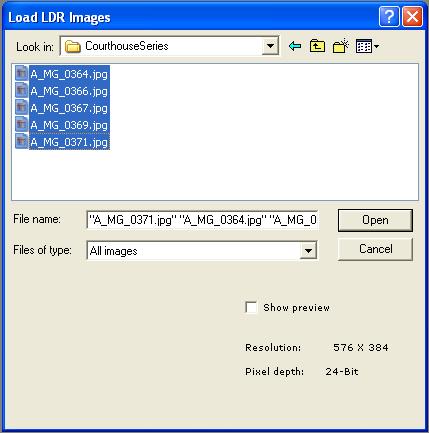 The Select input LDR images window will display to follow a path to load your LDR source files. Photomatix Pro can process and generate an HDR image from 8-bit, 16-bit and Camera RAW source files.
