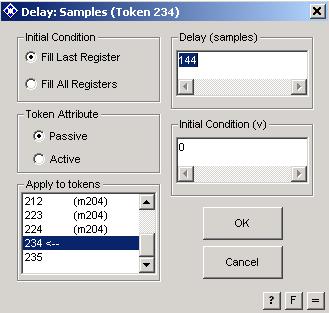 Figure 43 Transmitter Sample Delay Parameters. The parameters for the impulse source (token 0) are shown in Figure 45. The parameters for the linear filter (token ) are shown in Figure 46.