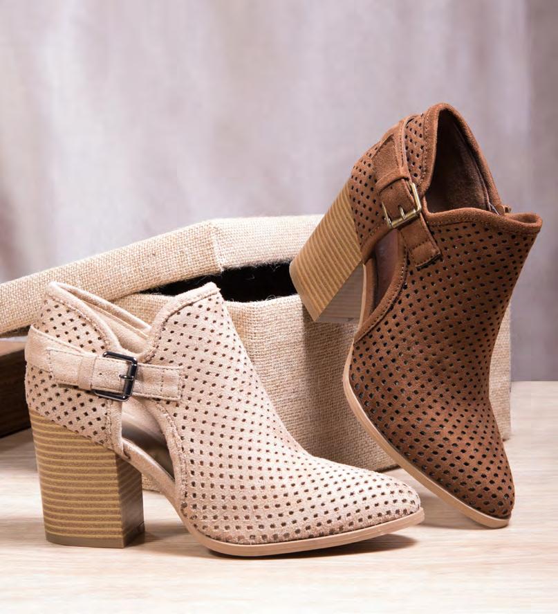 A CHIC BOOTIE TO GO WITH YOUR CASUAL FALL WARDROBE. STACK 3.5 HEEL WITH LINED PERFORATED UPPER. Perforated Buckle $27.50 each $247.