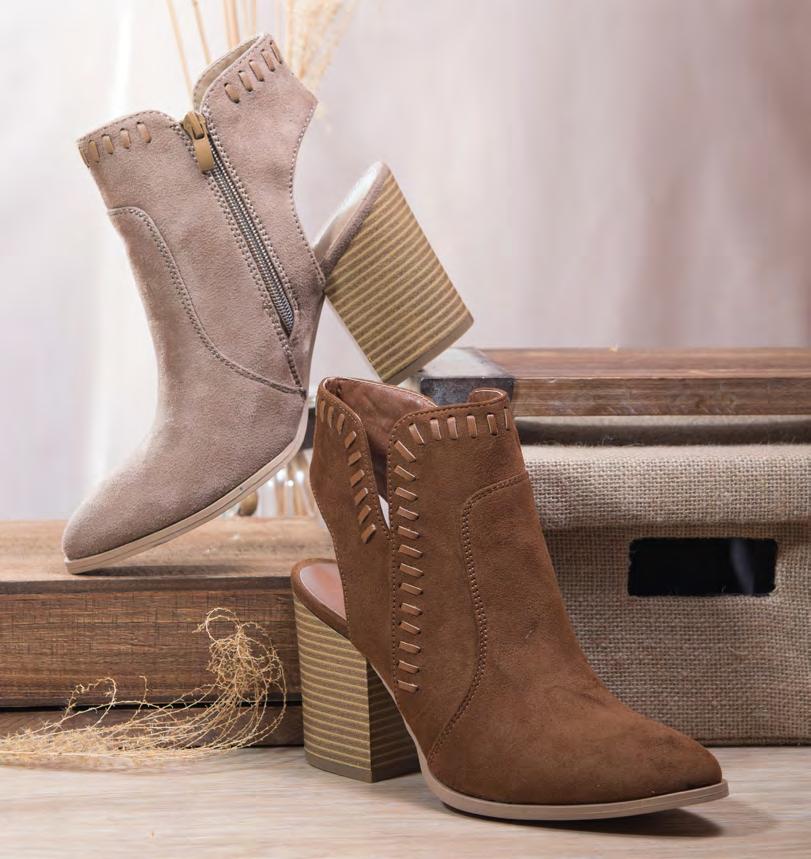 THIS BOOTIE HAS A WESTERN FLAIR WITH WHIPSTITCH DETAILING AND A CASUAL STACKED BLOCK 3.5 HEEL. Whipstitch Open Heel $27.50 each $247.