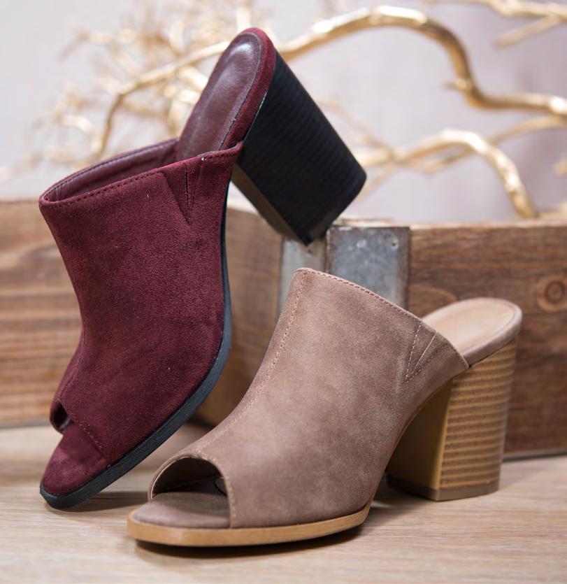 OUR SUEDED OPEN TOE MULE IS THE PERFECT TRANSITIONAL SHOE TO DRESS UP OR GO CASUAL. 3 HEEL Open Toe Stack Heel $22.50 each $202.