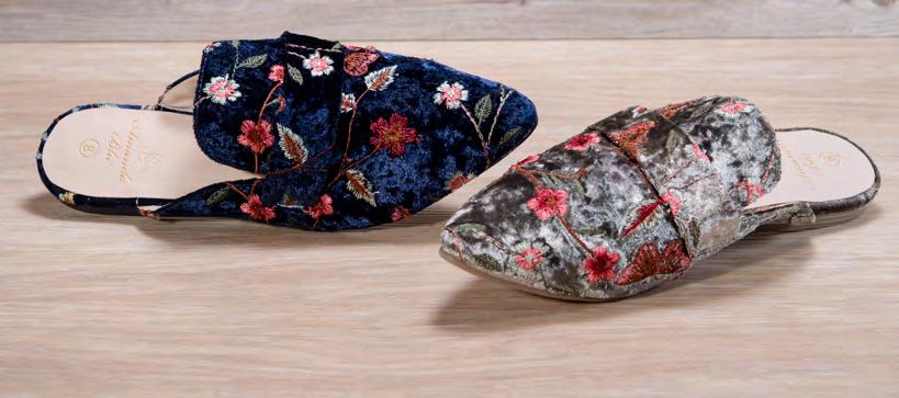 THIS LUXE VELVET EMBROIDERED MULE WILL TAKE YOU FROM DAY TO EVENING IN STYLE! Velvet Embroidered $17.50 each $157.