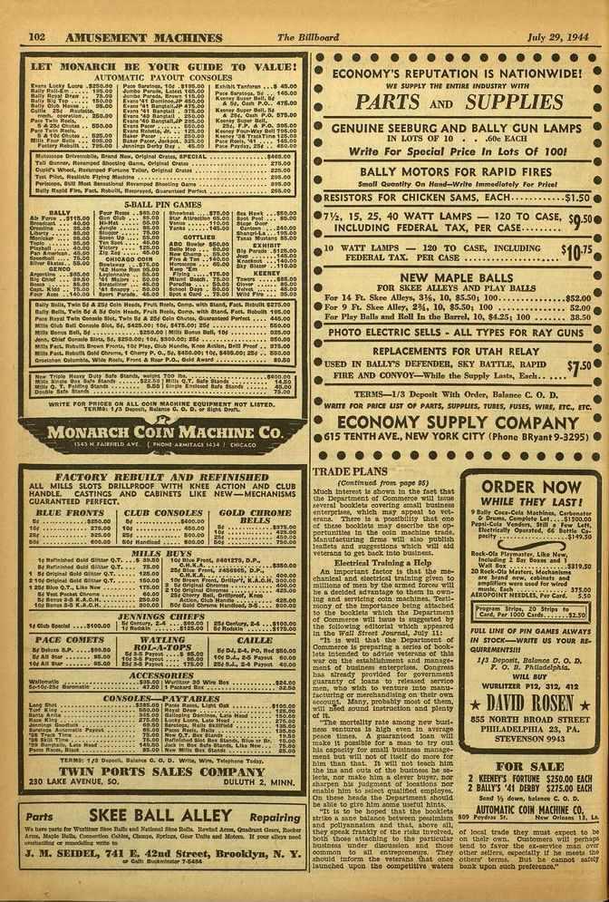 REPLACEMENTS 102 AMUSEMENT MACHINES The Billboard July 29, 1944 LET MONARCH BE YOUR GUIDE TO VALUE! Letty Law.526043. 4117 5.41.10. 196.00 6.07 *owl Dew 75.00 any 1a Tod 150.00.wt T 0101 Wow 041.