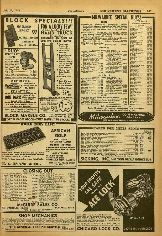 115 July 29, 1944 The Billboard AYIUSEMENT macumrs 103 BLOCK SPECIALS!!! "DUO" REGISTERED KEY LOCKS Protest Yoe, Cash Bases! We rogniet year key ne..b4r sad no one wt.. In SOO roll., ears buy het.