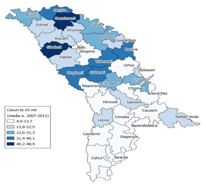 Valorile incidenţei rămîn scăzute spre finele anului 2011 în raioanele de sud ale republicii: Comrat, Cantemir, Vulcăneşti.