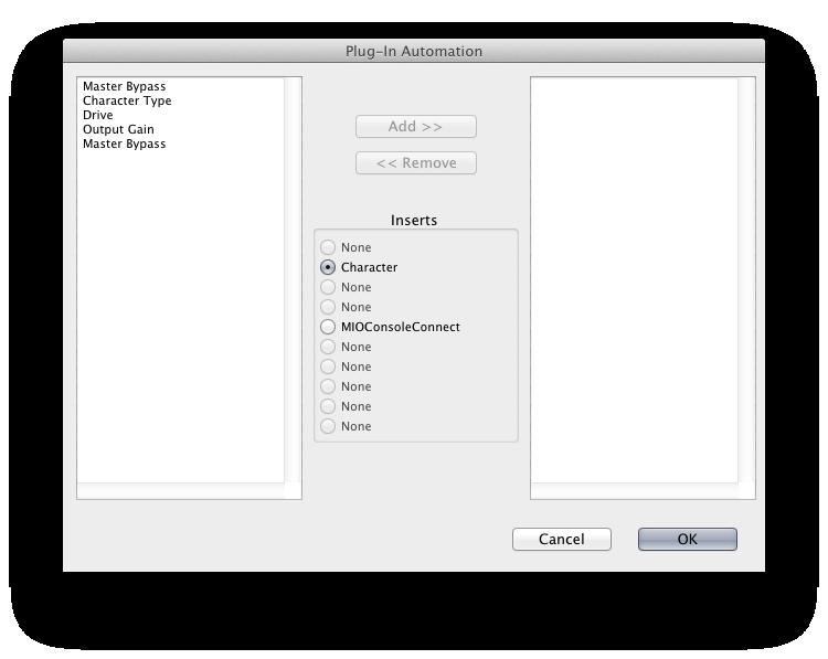 Pro Tools (Mac/Win) Figure 25.3: Automation Window, Showing Character's Parameters This dialog box allows you to enable any or all of the processing parameters for automation.
