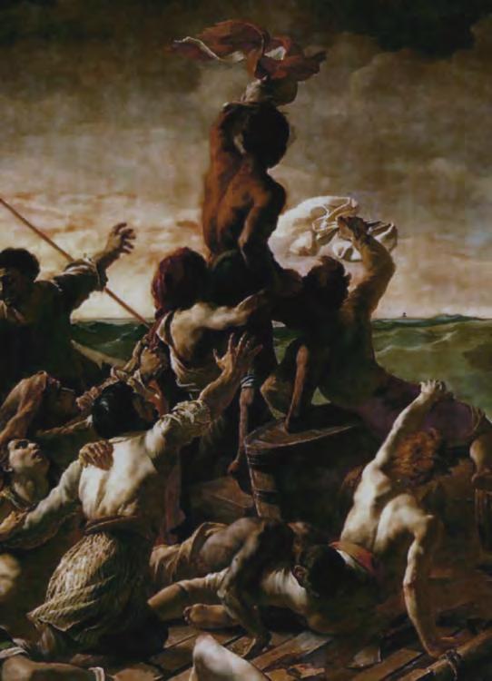 The painting shows hope and despair all at once. Strong diagonal movement leads to the top figure waving shirt at a ship barely visible on the horizon.