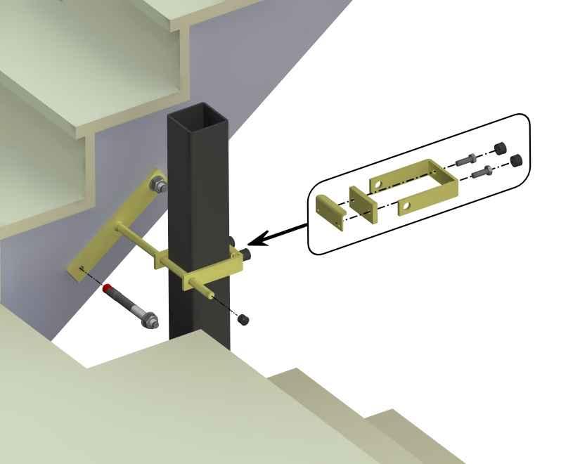 6.) The supports (in the case of support mounting) must additionally be fastened to the stair stringer or to the wall (if