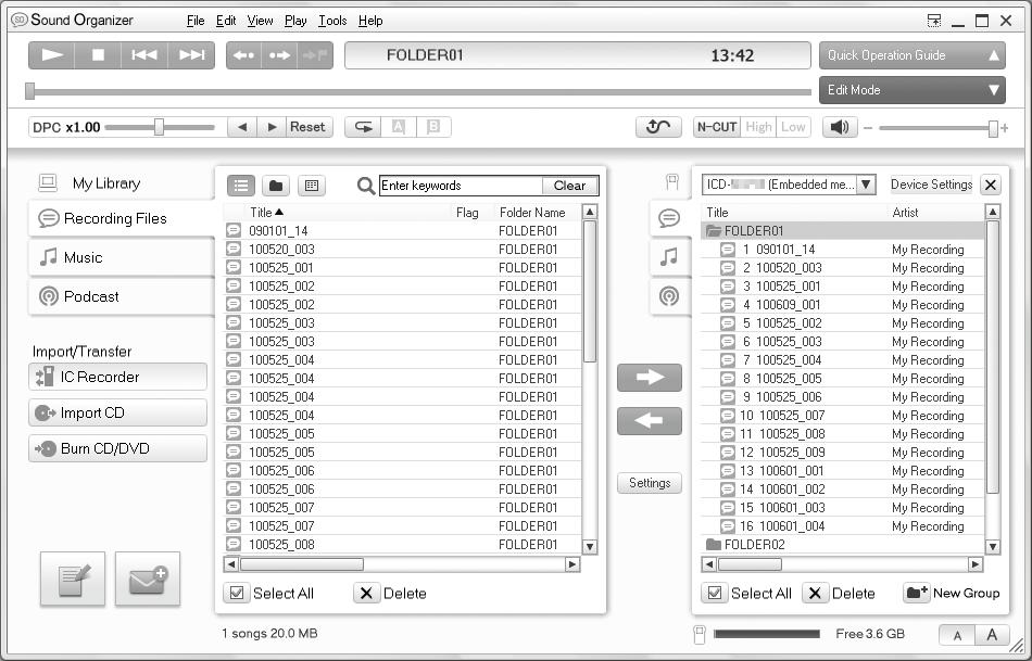 94 Utilizarea computerului Fereastra software-ului Sound Organizer Butonul Edit Mode Afişează zona de editare, astfel încât să puteţi edita un fişier.
