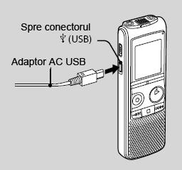 Informaţii suplimentare Utilizarea unui adaptor AC pentru USB 1 Conectaţi cablul USB de conectare la portul USB al IC Recorderului.