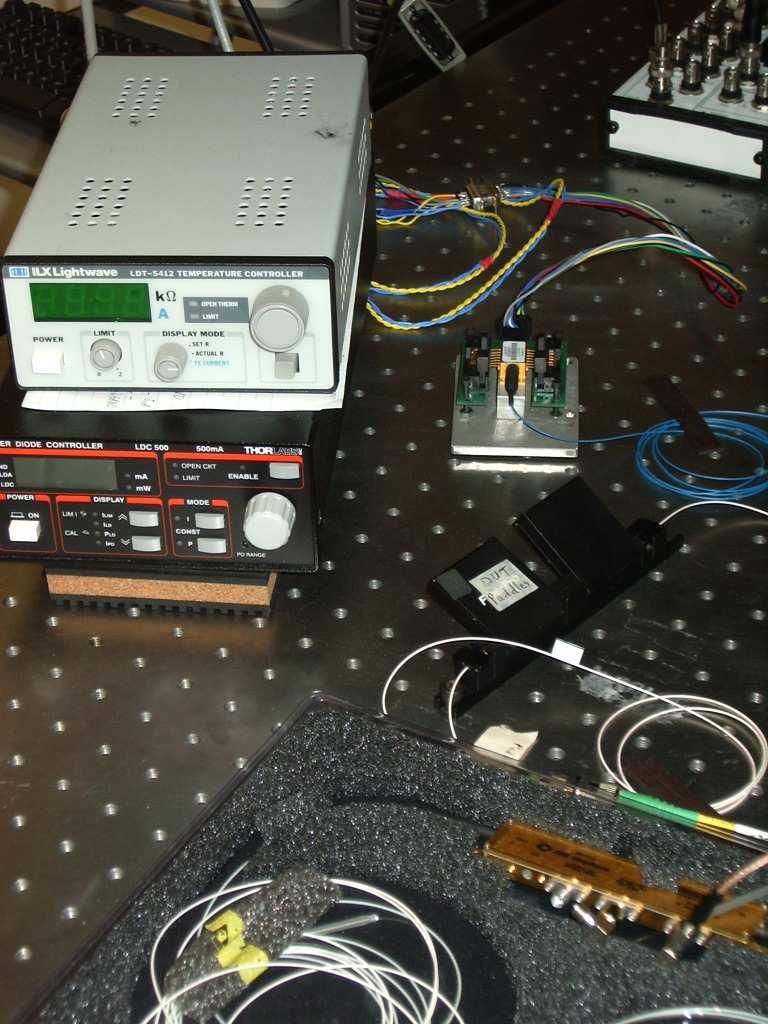 detector, mixer. The optical amplifier is the large white housing in the middle of the table with a TEC controller on top.