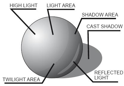 Light area: The area of the object that receives the light directly and thus is more illuminated in the depiction.