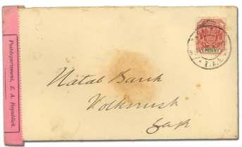 ..... $200 7639 Opened Un der Mar tial Law, pink seal on cover to Volksrust franked by two ½d green (S.G. 216) tied by 14 Feb.
