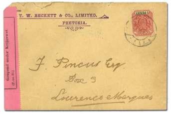 .................. $200 7645 Brit ish use of Boer cen sor seal, pink seal on cover franked by G.B. 1d mauve tied by 9 April 1901 F.P.O.