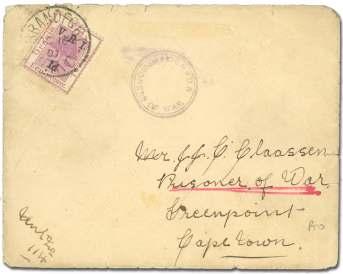 The Boer War 7661 Passed Press / Cen sor / Barberton, vi o let tri an - gu lar handstamp and match ing cen sor s per sonal ca chet on cover to Lon don franked by Transvaal 1d rose-red and green