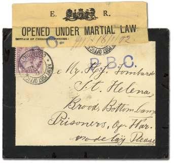 , vi o let cen sor handstamp ap plied at Bloemfontein to mourn ing cover to pris oner of war on St. Hel ena, franked by Great Brit ain 1d mauve tied by 28 Jan. 1902 F.P.O.