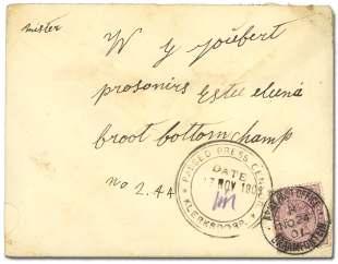 The Boer War 7683 ( ) Passed Press Cen sor, / Klerksdorp / Date / 14 Aug 1901, vi o let circlular handstamp ini tialed in pen cil on cover front only to Durban