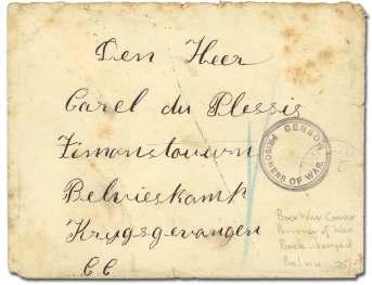 by com mander and Pre to ria and Tiverton backstamps, ver ti cal pocket fold, Very Fine and rare strike................. $250 7700 Belle vue Camp, cover to P.