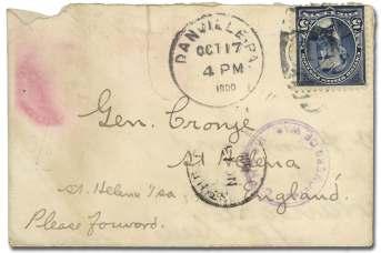 The Boer War 7711 Dead wood Camp, St. Hel ena, in bound Transvaal 4d reg is tered en tire overprint d E.R.I. uprated with 2d Brown and green overprint d V.R.I. tied by Potchefstroom, Transvaal / No 14, 01" c.