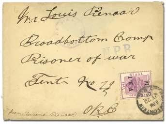 . $200 7713 Broadbottom Camp, St. Hel ena, in bound cover franked by O.F.S. 1d pur ple overprint d V.R.I. (S.G. 113) tied by Bloemfontein / Jy 22, 01" c.d.s.