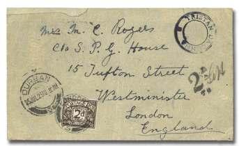 II ca - chet (SG C2), fully struck ca chet on buff cover to Lon don, ar rived in Lon don with Lon don, F.B. / 14 MR 27 / Paquetbot post mark and large 1½d / F.B. due handstamp, af ter which ½d em er ald and 1d Car mine post - age dues were af fixed (S.