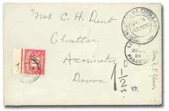 Tristan da Cunha 7737 S.S. Halesius Mail, cover to Devon with Ty. II ca - chet, de parted Tristan 14 May, 1929 and re ceived with Lon don / Paquebot / 26 Ju, 29" datestamp and 1½d / F.B.