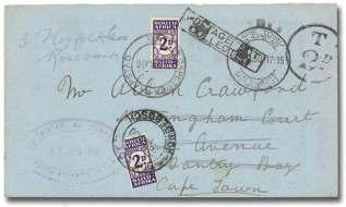 50" datestamp, with 2d due charged on ar rival and an other 2d charged for for ward ing, flap miss - ing, Very Fine. SG C11.................. $120 7758 S.S. Caronia Mail, pas sen gers cover to New York with clear Ty.