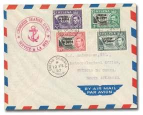 Isolda Mail, air mail cover to Eng land franked with strip of four 1½d Gold Mine stamps and bear - ing a Ty. IX ca chet dated 23.10.