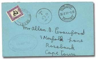 Tristan da Cunha 7799 M.V. Pequena Mail, cover to Eng land from the sec ond 1951 visit de part ing 11 April, en dorsed no stamps avail able and clear Ty.