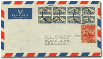.... $75 7802 M.V. Pequena Mail, cover from the fourth 1951 visit de part ing 27 No vem ber and show ing the vi o let oval Ty.